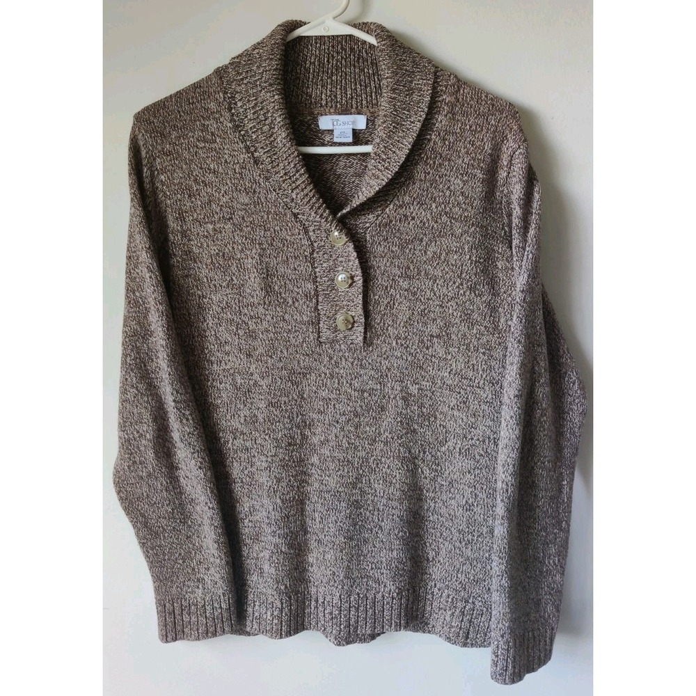 The Tog Shop Shawl‎ Collar Sweater Women's Petite L Brown 3-Button Cotton Blend